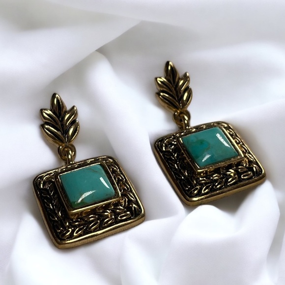 Boho Turquoise and Bronze Dangle Earrings - Picture 1 of 4